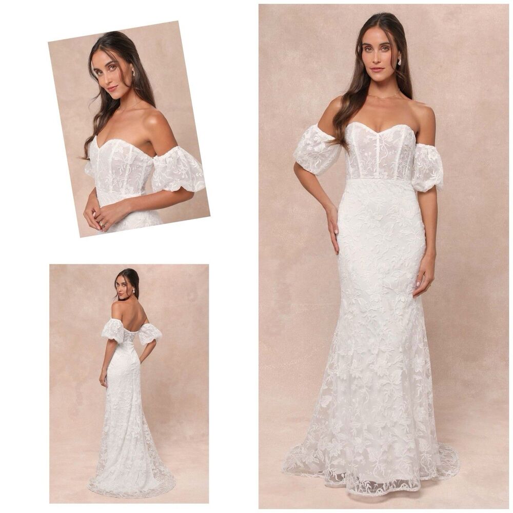 Lulus Everlasting Muse Dress White Embroidered Off the Shoulder Size XS NWT